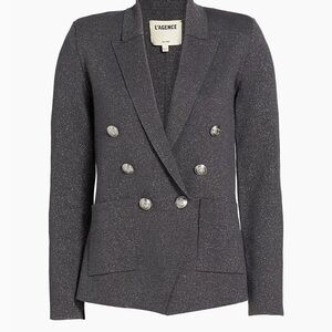 NET $595 L'AGENCE Metallic Double-Breasted Blazer Grey Dark Shadow / Silver - M